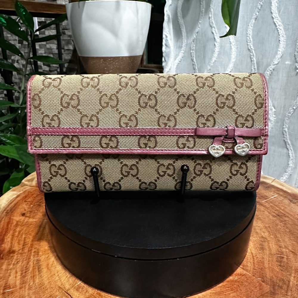 Vintage Gucci GG Canvas Wallet Pink Leather Heart Charm Y2K - Picture 3 of 8